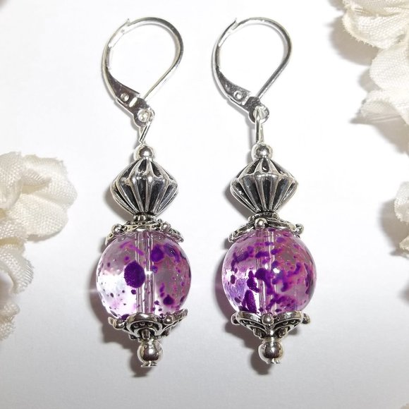 Clear & Purple Glass Beaded Earrings NWT Set Dangle Drop Fashion Accessory 5296 - Picture 1 of 8